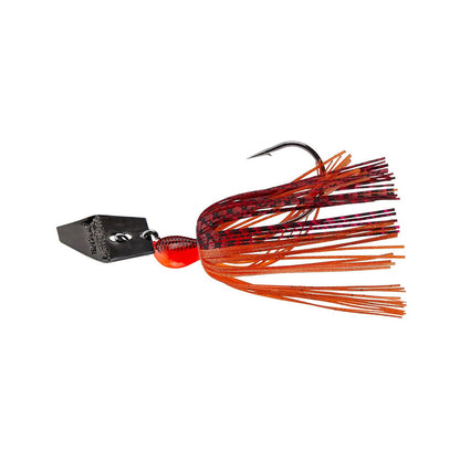The Z-Man Original Chatterbait by Z-Man features a black angular head, attached hook, red and orange skirt of thin strands, and a hex-shaped blade for added attraction. A red bead further entices your catch.