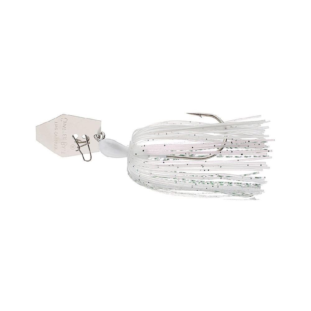 Introducing the Z-Man Original Chatterbait by Z-Man, featuring a white and silver skirt with a metallic head and hook. The black-dotted skirt and hex-blade shimmer like baitfish, perfect for chatterbait or bladed swim jig fans.
