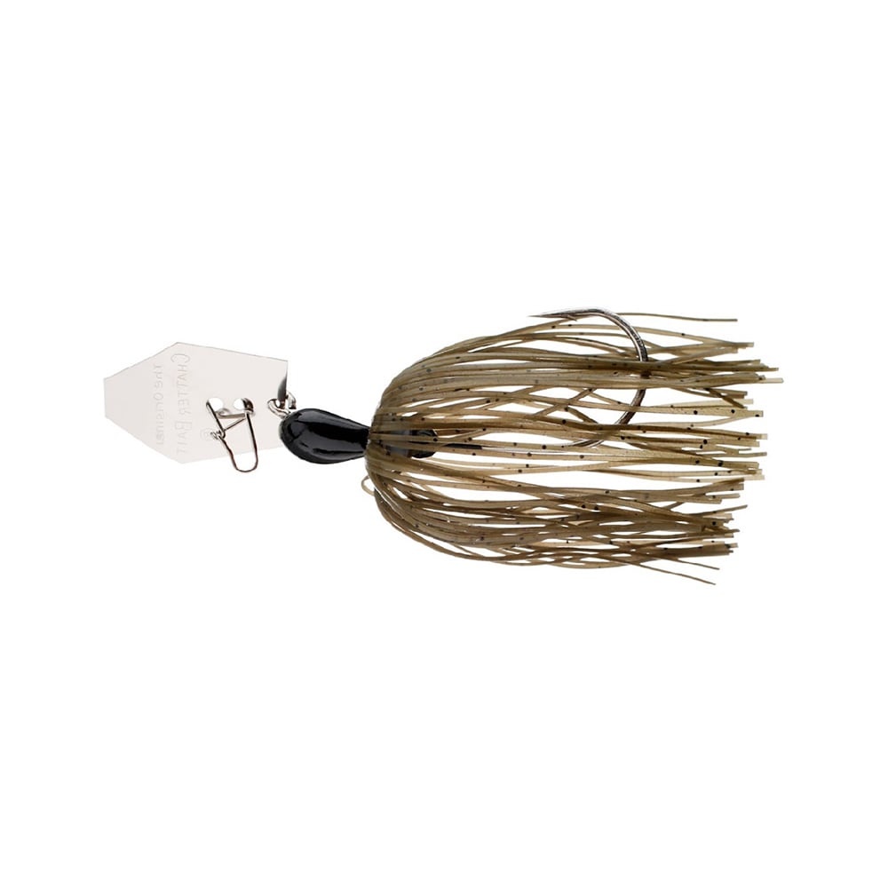The Z-Man Original Chatterbait by Z-Man features a hex-shaped blade, black hook, and olive green fringed strands. This bladed swim jig expertly mimics baitfish movement in water to attract bites.