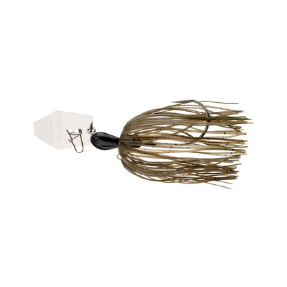 The Z-Man Original ChatterBait features a hex-shaped blade, tan and brown skirt, and black head with a hook, designed to mimic small fish or insects with lifelike movement in water.