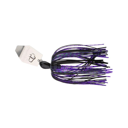 The Z-Man Original Chatterbait features a hexagonal silver blade and black head, decorated with black and purple strands to mimic squid. Its shimmering hex movement entices fish, making it an effective lure.