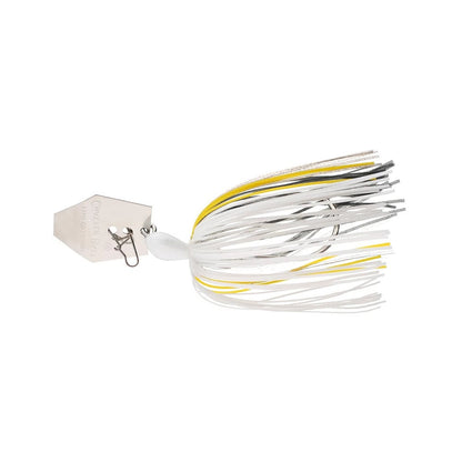 The Z-Man Original Chatterbait by Z-Man includes a distinct hex-shaped metal blade connected to a hook and a colorful skirt with white, yellow, and silver strands.