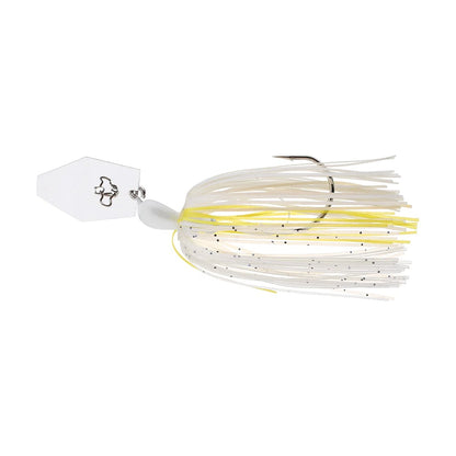 The Z-Man Original ChatterBait, from Z-Man, is white and yellow with a silver hex-shaped blade and long, thin fringe strands featuring black specks, designed to resemble a small fish or aquatic creature.