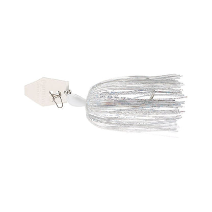 The Z-Man Original Chatterbait, a white and silver fishing lure by Z-Man, features a hex-shaped blade, fringe skirt, hook, and metal clip. It closely resembles the popular ChatterBait style, designed to attract fish.