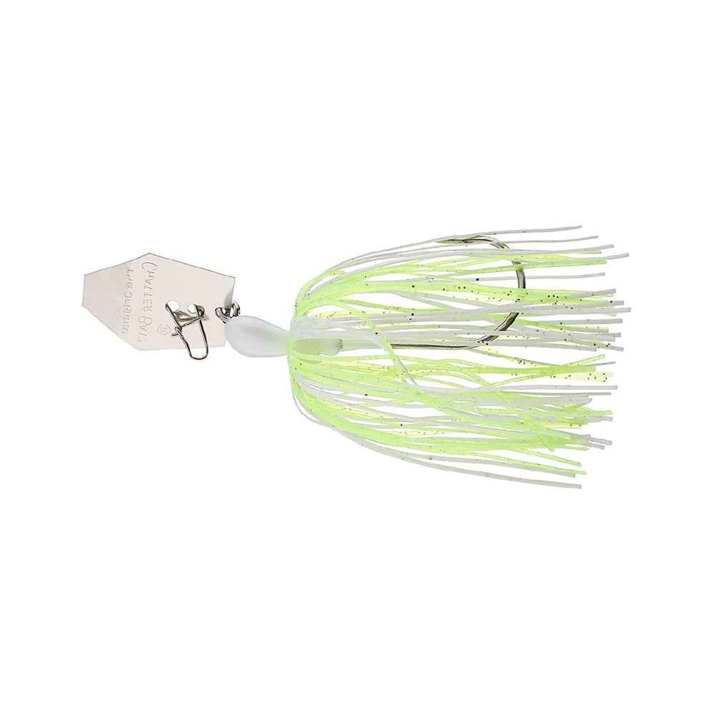 The Z-Man Original Chatterbait, crafted by Z-Man, features a hexagonal silver blade and a green and white skirt with glittery strands to entice fish.