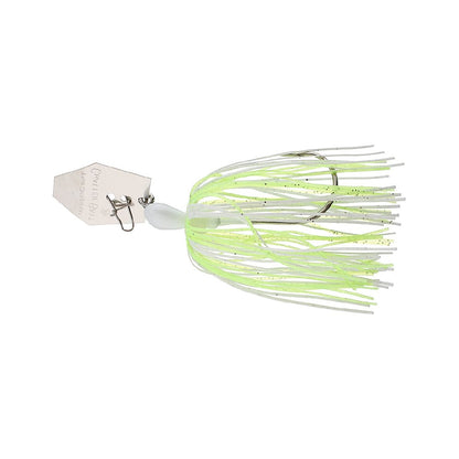 The Z-Man Original Chatterbait, crafted by Z-Man, features a hexagonal silver blade and a green and white skirt with glittery strands to entice fish.