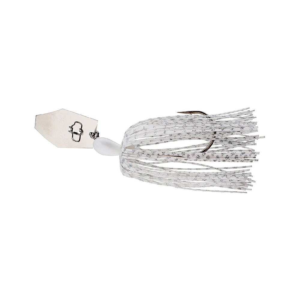 The Z-Man Original Chatterbait from Z-Man is a bladed swim jig with a silver hexagonal blade, white body, and fringed skirt. It includes a hook and swivel attachment to expertly mimic prey fish in appearance and movement.