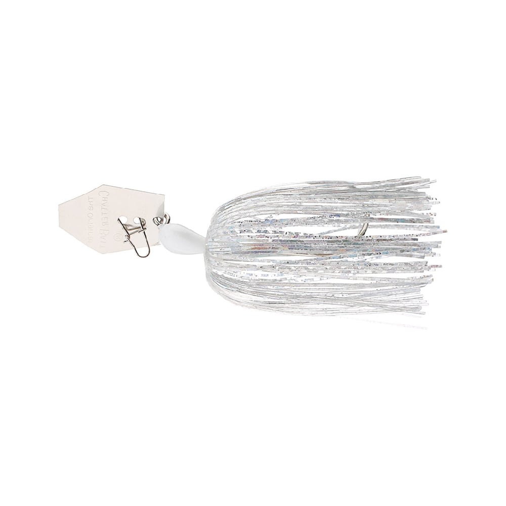 The Z-Man Original Chatterbait, by Z-Man, is a silver and white fishing lure with a skirt of metallic strands and a hook. It features a bladed swim jig design and includes the distinctive hex-shaped blade attached to a sturdy metal clip.