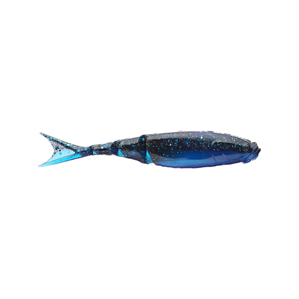 The Z-Man Razor Shadz fishing lure features a blue and black design that mimics a real fish. Its streamlined body, forked tail, and reflective speckles gleam brilliantly against the plain white background, making it an ideal bladed swim jig trailer.