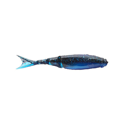 The Z-Man Razor Shadz fishing lure features a blue and black design that mimics a real fish. Its streamlined body, forked tail, and reflective speckles gleam brilliantly against the plain white background, making it an ideal bladed swim jig trailer.