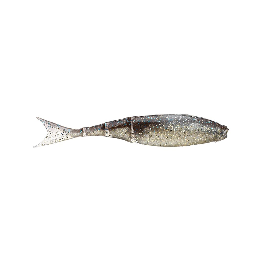 The Z-Man Razor Shadz is a lifelike, translucent fishing lure from Z-Man with a segmented body and forked tail, featuring metallic silver and speckled details—ideal for use as a bladed swim jig trailer.