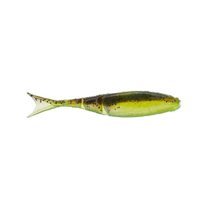 The Z-Man Razor ShadZ is a segmented fishing lure designed with a fish-like shape, showcasing green and brown colors with black speckles. It features a flexible tail for lifelike swimming action, ideal as a soft plastic jerkbait or when paired for enhanced attraction.