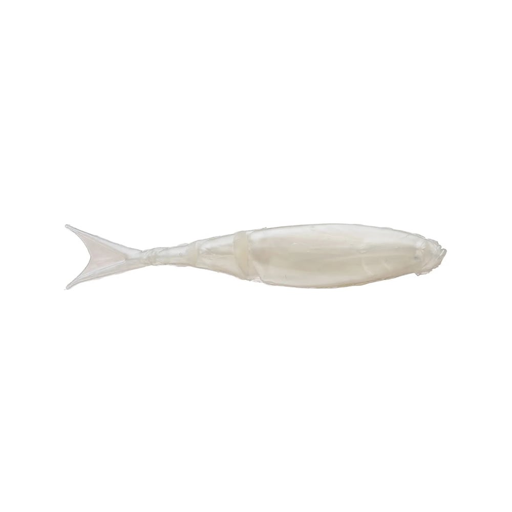A translucent fish-shaped object, resembling a Z-Man Razor Shadz with a tapered body and distinct tail fin, rests elegantly on a plain white background.
