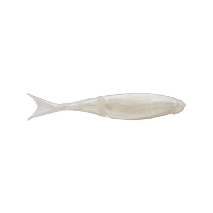 A translucent fish-shaped object, resembling a Z-Man Razor Shadz with a tapered body and distinct tail fin, rests elegantly on a plain white background.