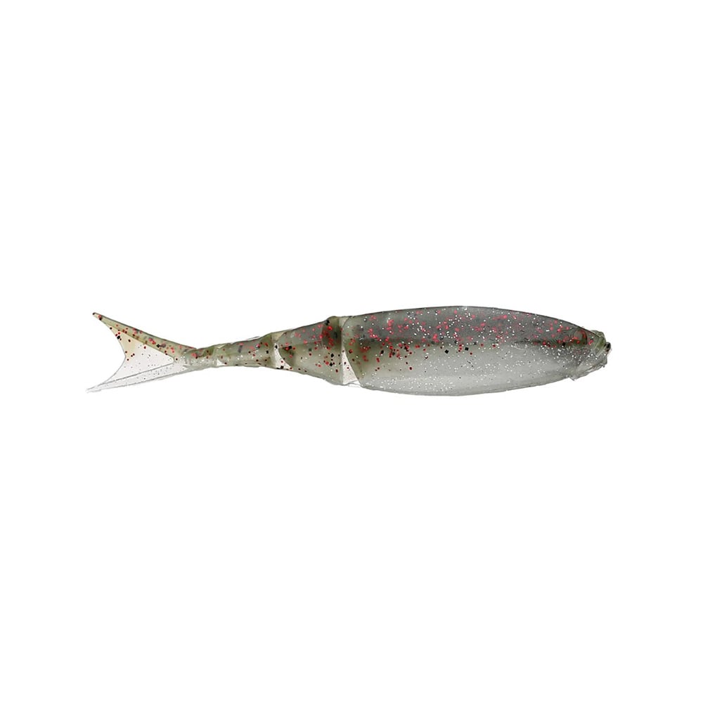 This translucent, fish-shaped lure with red speckles and a soft, flexible body is akin to the Z-Man Razor Shadz. Its smooth, streamlined design makes it ideal for fishing as a soft plastic jerkbait.