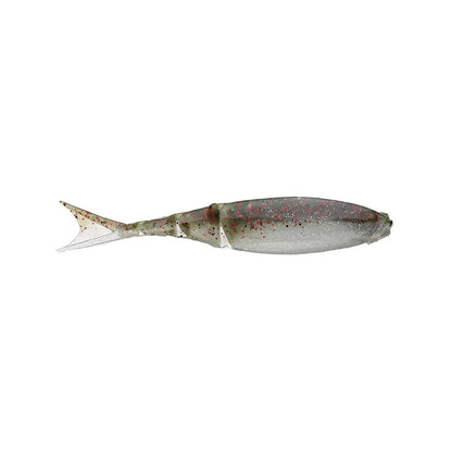 This translucent, fish-shaped lure with red speckles and a soft, flexible body is akin to the Z-Man Razor Shadz. Its smooth, streamlined design makes it ideal for fishing as a soft plastic jerkbait.