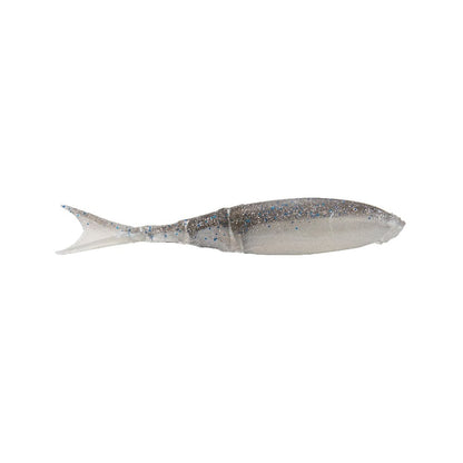 The Z-Man Razor Shadz is a realistic, fish-shaped soft plastic lure with a segmented body. It has a translucent finish with subtle glitter and a light gray-blue gradient, making it ideal as a bladed swim jig trailer to mimic small baitfish.