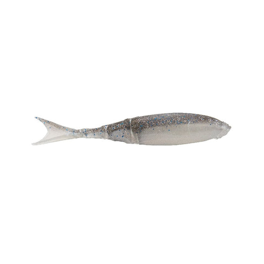 The Z-Man Razor Shadz is a realistic, fish-shaped soft plastic lure with a segmented body. It has a translucent finish with subtle glitter and a light gray-blue gradient, making it ideal as a bladed swim jig trailer to mimic small baitfish.