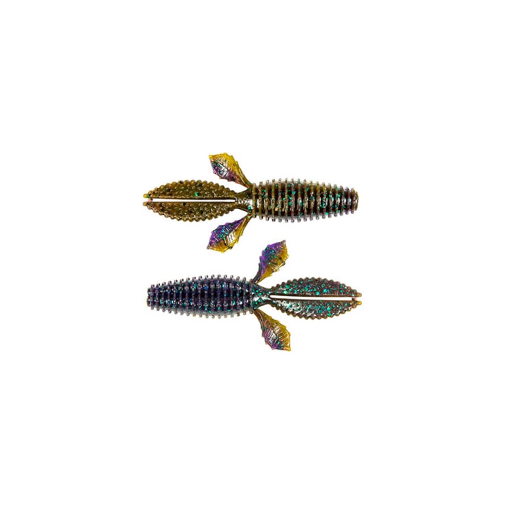 The Z-Man TRD Bugz by Z-Man are stylized artificial fishing lures ideal for bass anglers, featuring ridged, textured bodies with three protruding appendages per side. These softbaits have a metallic iridescent finish in green, purple, and gold on a white background.
