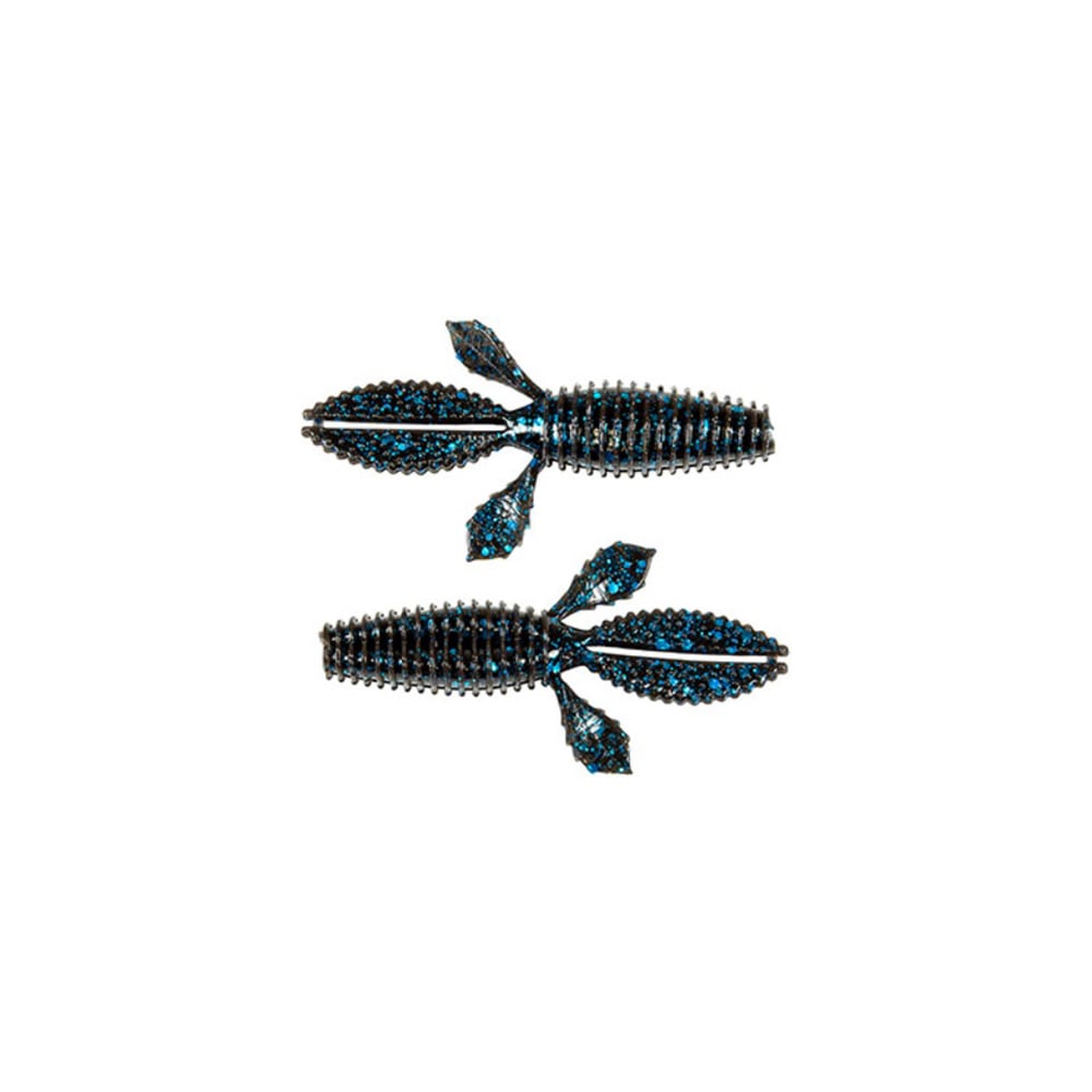 Two black and blue Z-Man TRD Bugz lures by Z-Man, ideal for bass anglers, look like small insects with segmented bodies and appendages, positioned side by side on a white background.