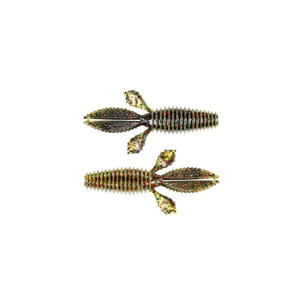 The Z-Man TRD Bugz, textured green and brown rubber fishing lures, are ideal for bass anglers using the Ned Rig. They feature ribbed bodies with multiple leg-and-tail-like appendages against a white background.