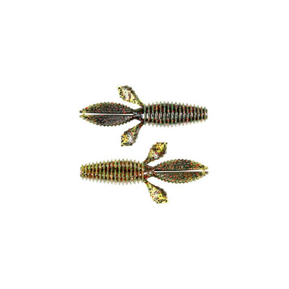 The Z-Man TRD Bugz, textured green and brown rubber fishing lures, are ideal for bass anglers using the Ned Rig. They feature ribbed bodies with multiple leg-and-tail-like appendages against a white background.