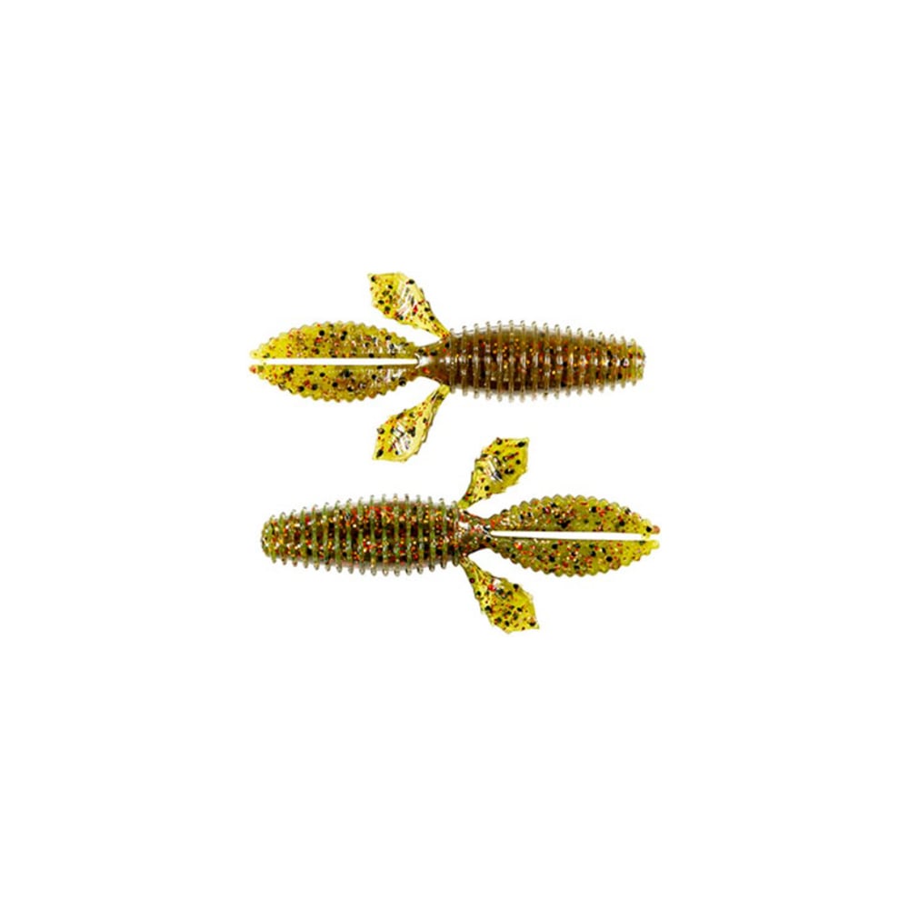 Two Z-Man TRD Bugz, soft plastic fishing lures in green and yellow, are perfect for bass anglers using a Ned Rig. These Z-Man lures feature segmented bodies and tail-like appendages to mimic small aquatic creatures, set against a white background.