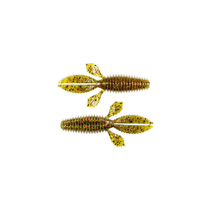Two Z-Man TRD Bugz, soft plastic fishing lures in green and yellow, are perfect for bass anglers using a Ned Rig. These Z-Man lures feature segmented bodies and tail-like appendages to mimic small aquatic creatures, set against a white background.
