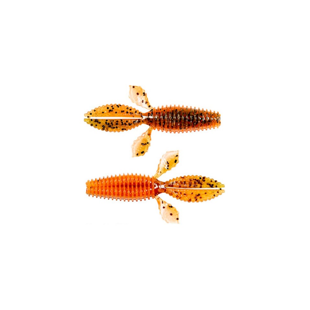 The Z-Man TRD Bugz are two brightly colored insect-shaped fishing lures, ideal for bass anglers. They feature ribbed orange and black bodies with translucent, speckled wings and a small tail, perfect for a Ned Rig setup.