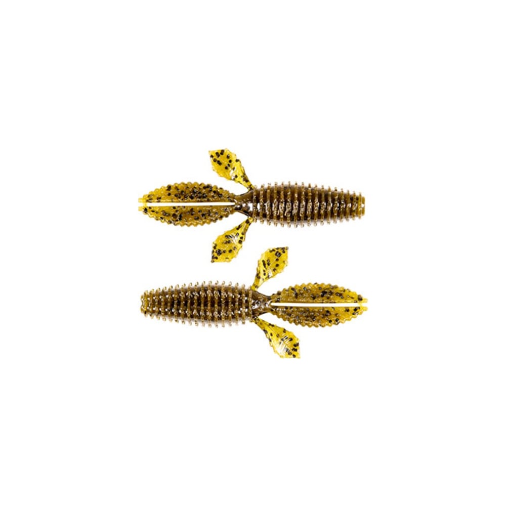 The Z-Man TRD Bugz, from Z-Man, are two yellow and brown artificial lures ideal for bass anglers, featuring textured bodies and leaf-shaped appendages on a white background.