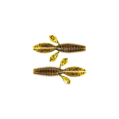 The Z-Man TRD Bugz, from Z-Man, are two yellow and brown artificial lures ideal for bass anglers, featuring textured bodies and leaf-shaped appendages on a white background.