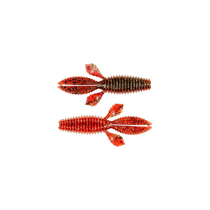 Displayed are two Z-Man TRD Bugz lures designed for bass anglers. The top is red and brown, the bottom predominantly red. These textured softbaits, resembling crawfish with multiple lifelike appendages, effectively attract fish.
