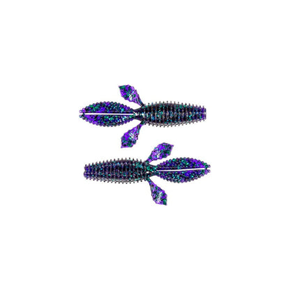 The Z-Man TRD Bugz by Z-Man are two softbait fishing lures designed for bass anglers, featuring a textured, cylindrical body with three leaf-like appendages and a metallic blue and purple color scheme against a white background.
