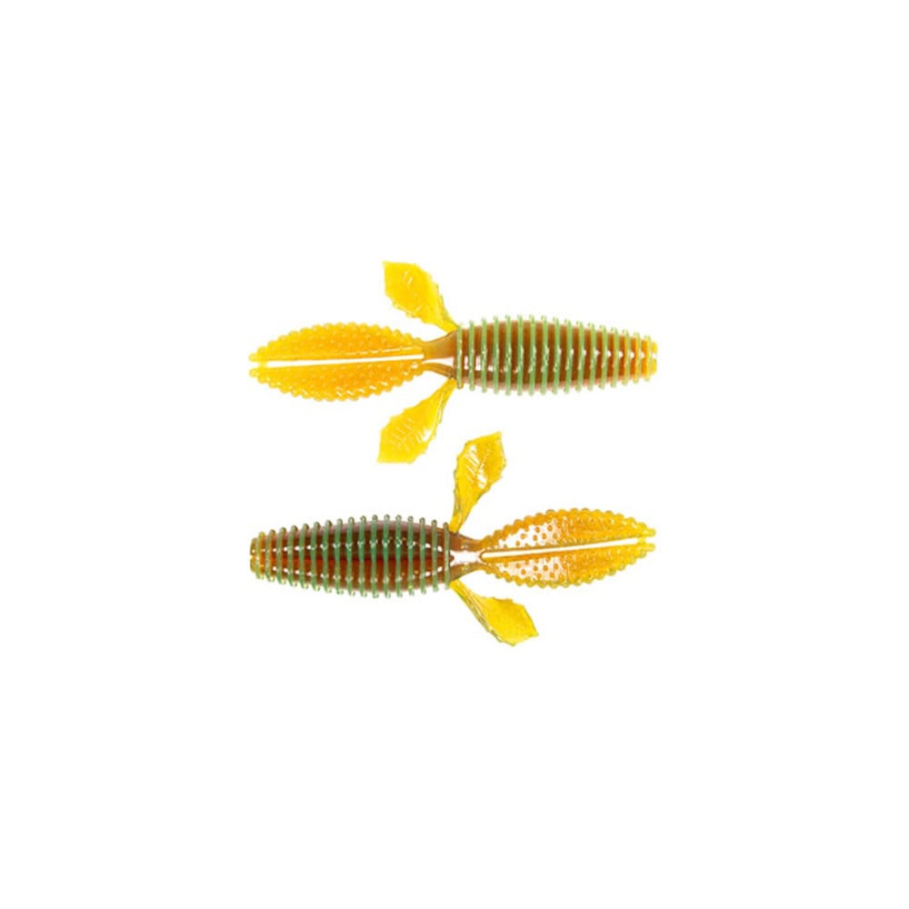 Two Z-Man TRD Bugz lures by Z-Man, in green and yellow, are ideal for bass anglers with their ribbed bodies and leaf-like appendages, displayed on a white background.