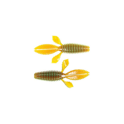 Two Z-Man TRD Bugz lures by Z-Man, in green and yellow, are ideal for bass anglers with their ribbed bodies and leaf-like appendages, displayed on a white background.