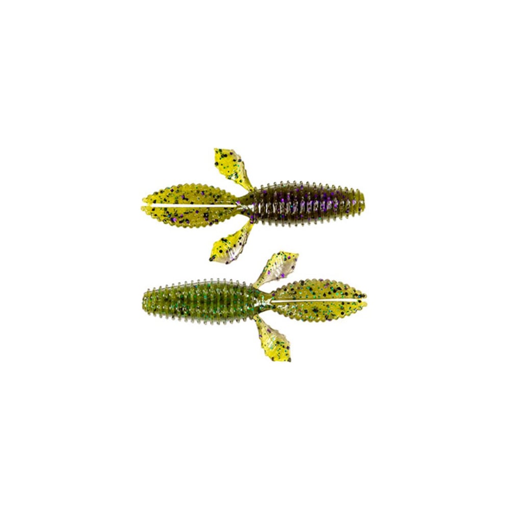Two Z-Man TRD Bugz softbait fishing lures, green and purple speckled, shaped like aquatic creatures with ribbed bodies, four flat paddle-like appendages, and small tail fins are perfect for bass anglers using a Ned Rig setup. Displayed on a white background.