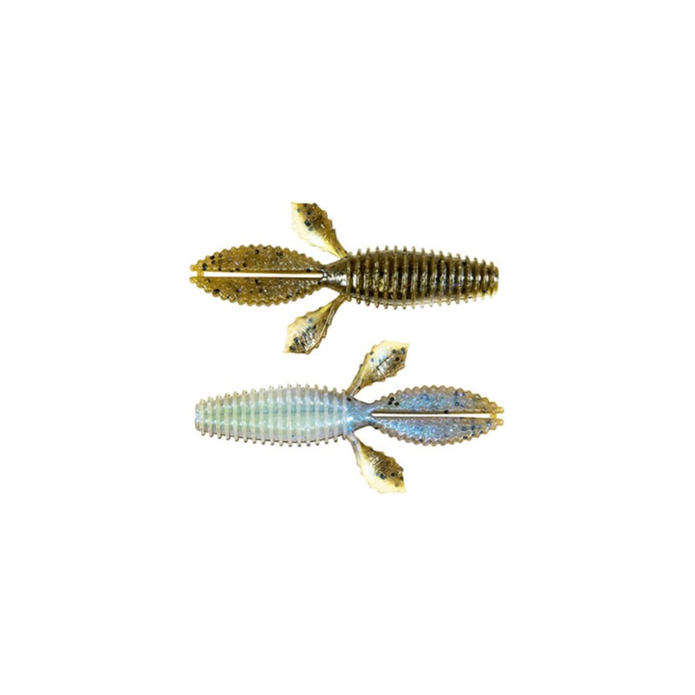 Z-Man TRD Bugz lures feature two insect-shaped designs with ribbed bodies and small side fins, perfect for bass anglers. One is brownish-green, the other grayish-blue, ideal for Ned Rig setups. Both share a similar design on a plain white background.