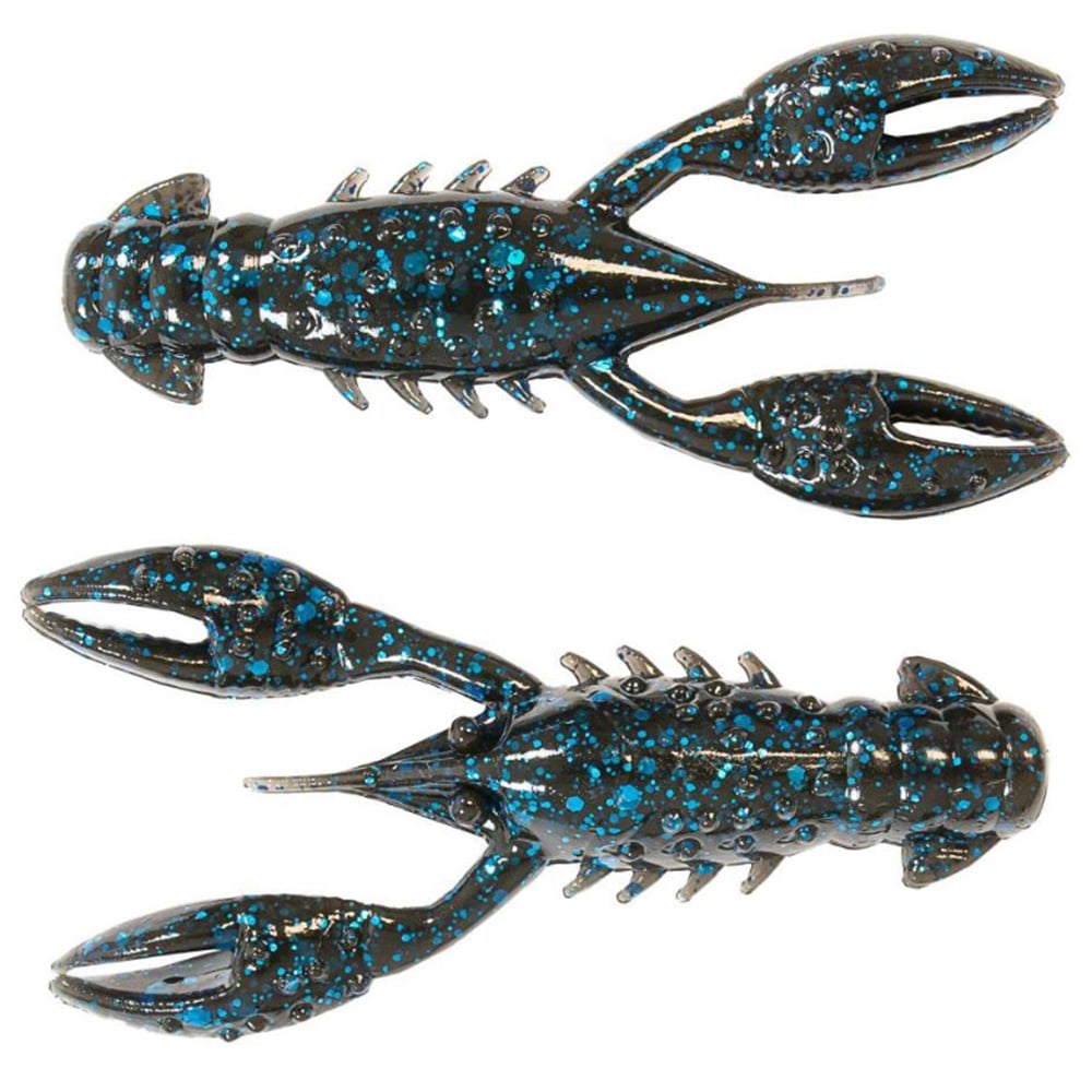 Two realistic, black Z-Man TRD Crawz lures with blue speckles are displayed. Featuring buoyant claws and segmented bodies, they're ideal for Ned Rig fishing. The top lure faces left; the bottom one faces right.