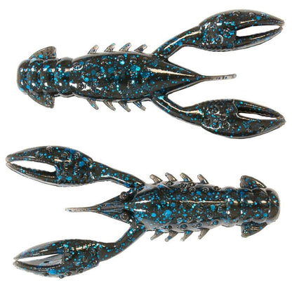 Two realistic, black Z-Man TRD Crawz lures with blue speckles are displayed. Featuring buoyant claws and segmented bodies, they're ideal for Ned Rig fishing. The top lure faces left; the bottom one faces right.