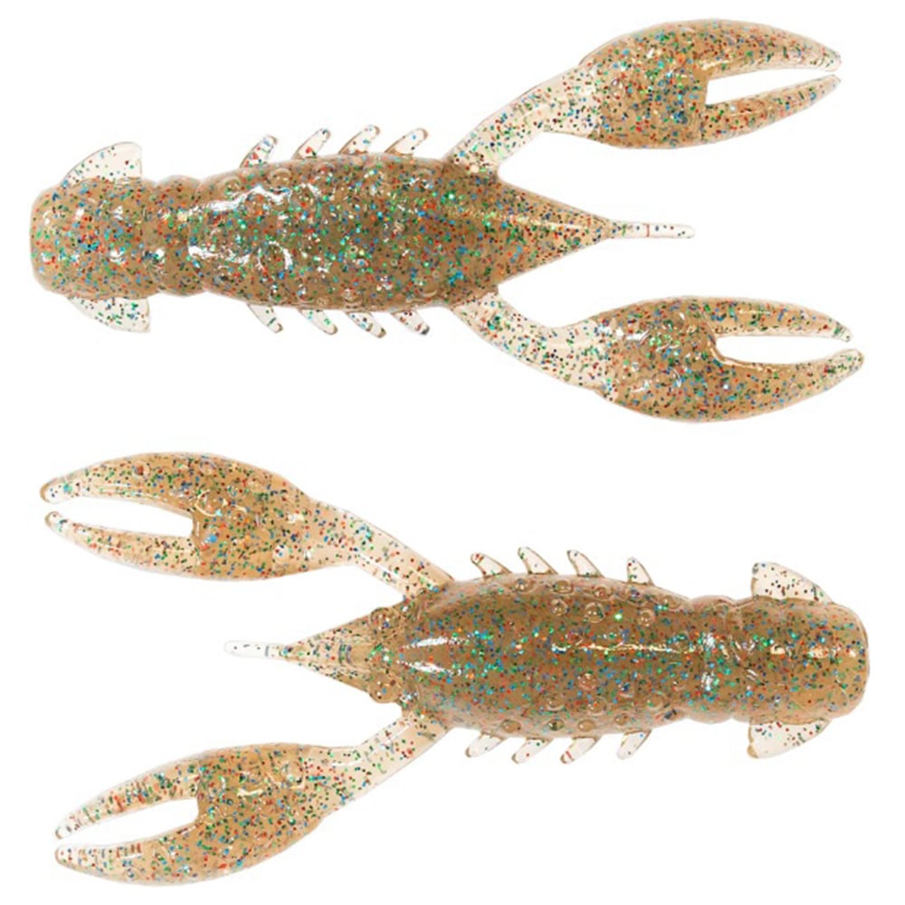 Two Z-Man TRD Crawz lures have transparent bodies with green and orange glitter. Their buoyant claws, segmented bodies, and detailed tails expertly mimic crayfish for an effective Ned Rig.
