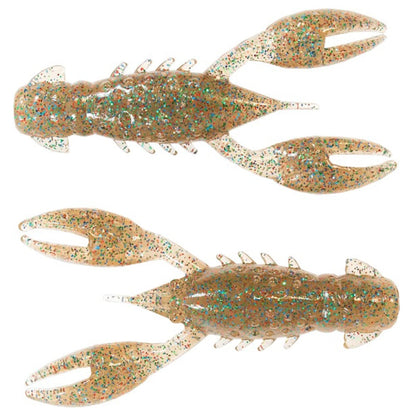 Two Z-Man TRD Crawz lures have transparent bodies with green and orange glitter. Their buoyant claws, segmented bodies, and detailed tails expertly mimic crayfish for an effective Ned Rig.
