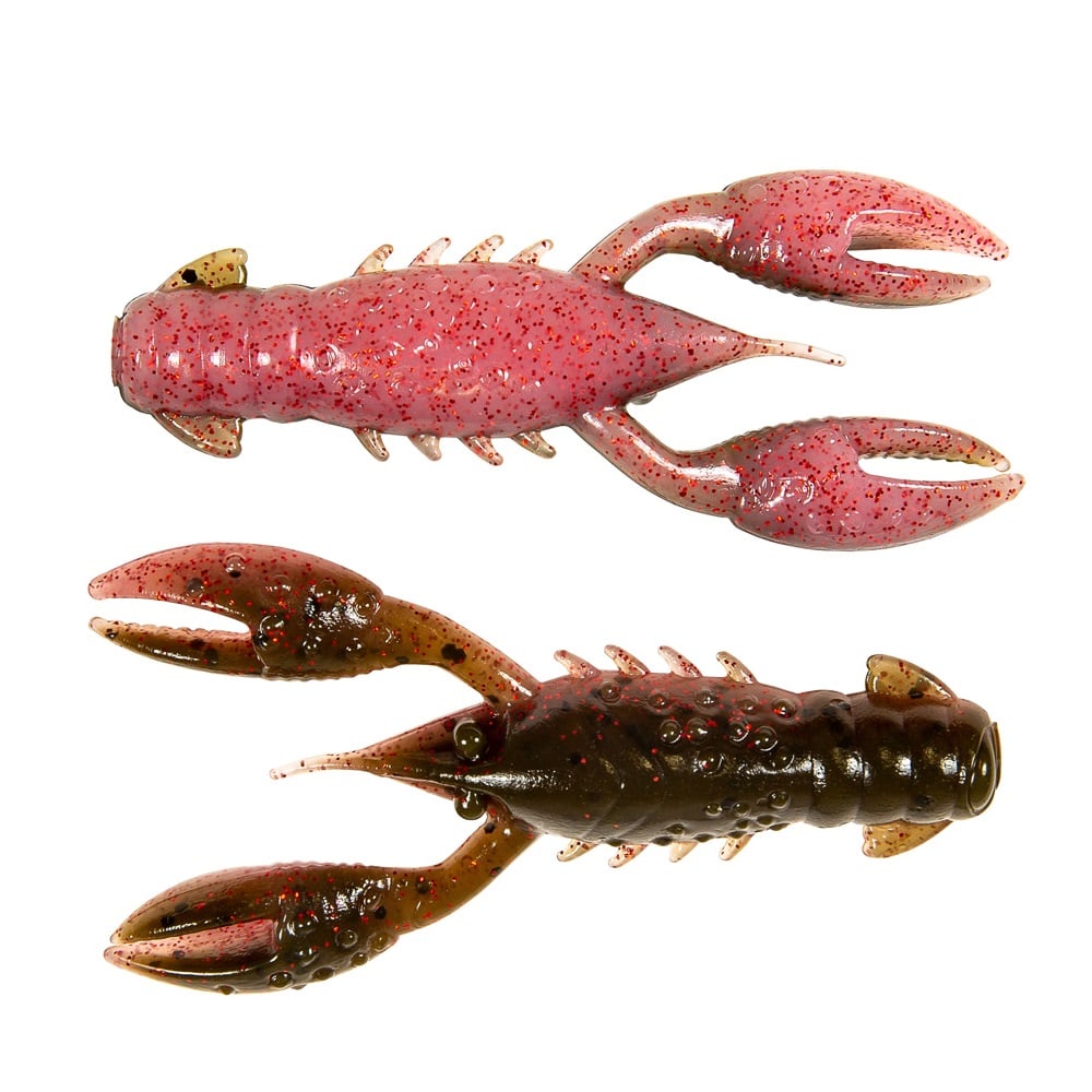 The Z-Man TRD Crawz, by Z-Man, consists of two plastic lures shaped like crayfish on a white background: one pink with red speckles and the other brown with red and green speckles. They have buoyant claws and detailed segments for a perfect Ned rig crayfish imitation.