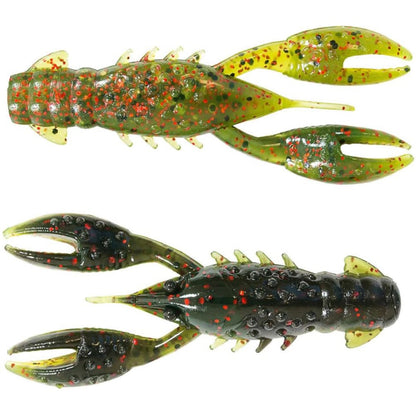 Two Z-Man TRD Crawz artificial fishing lures for Ned Rig resemble crawfish, featuring segmented bodies, pincers, and a textured surface. One shows green with red spots, the other dark green with black and red spots. Both have buoyant claws and sit side by side.