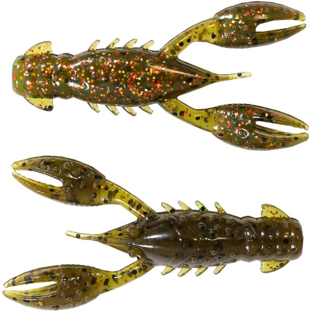 The Z-Man TRD Crawz by Z-Man are two realistic, green plastic crawfish lures featuring buoyant claws with red and black speckles, detailed claws, and segmented bodies. They're ideal for the Ned Rig fishing technique.