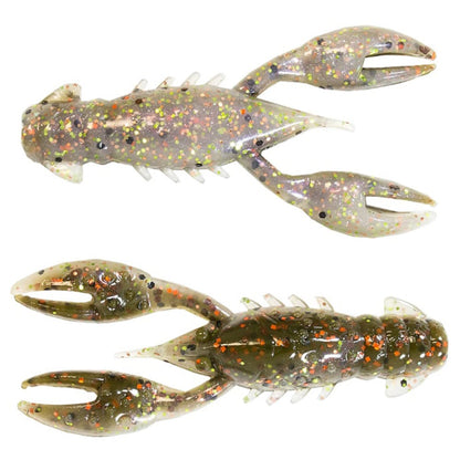 The Z-Man TRD Crawz, by Z-Man, are two soft plastic crawfish-shaped lures with buoyant claws and speckled green, orange, and black patterns. Designed for the Ned Rig, they mimic small aquatic creatures to attract fish effectively.