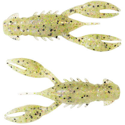 The Z-Man TRD Crawz by Z-Man are translucent green plastic lures shaped like crayfish, featuring black and yellow speckles. Their buoyant claws enhance realism, and the segmented bodies make them ideal for a Ned rig setup.