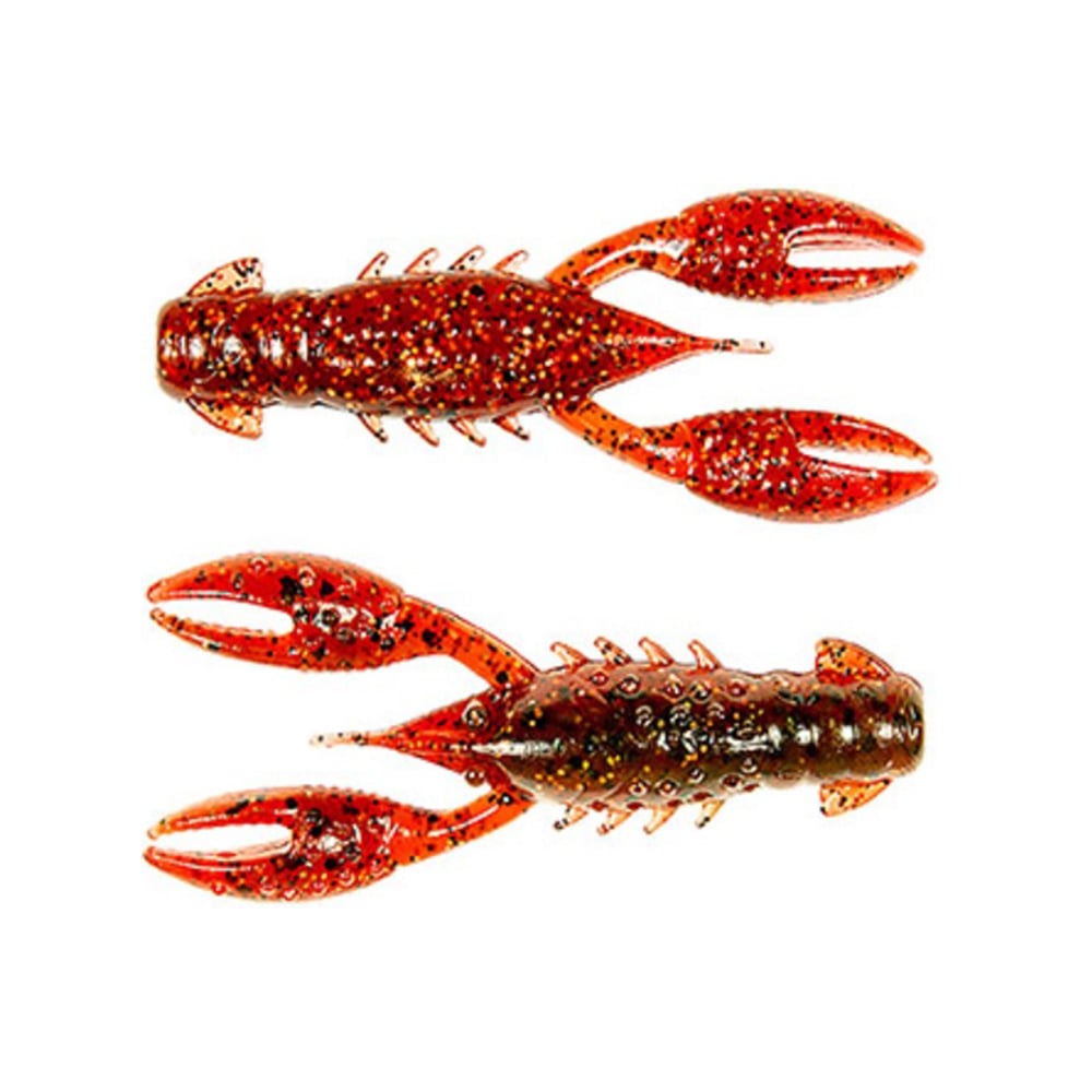 The Z-Man TRD Crawz by Z-Man are two soft plastic lures for a Ned Rig, with buoyant claws and segmented bodies. One is bright orange with black speckles, and the other dark brown with orange speckles, both realistically textured to mimic natural crawfish prey.