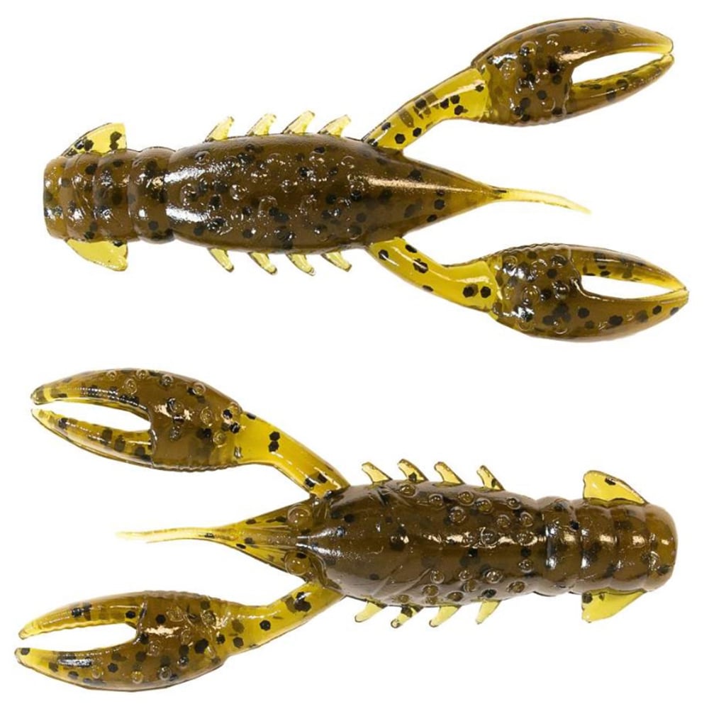 Two Z-Man TRD CrawZ soft plastic lures resemble crayfish with translucent brown bodies and black speckles, ideal for the Ned Rig. Each lure's buoyant claws and segmented body realistically mimic real crayfish.