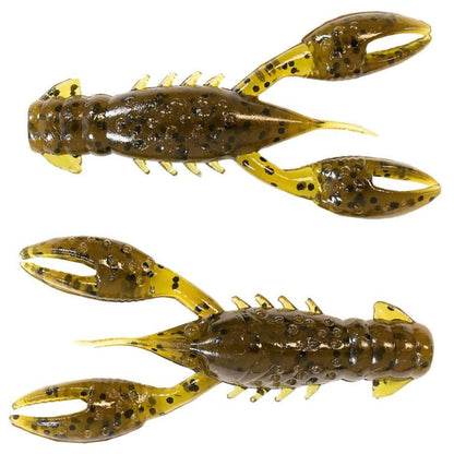 Two Z-Man TRD CrawZ soft plastic lures resemble crayfish with translucent brown bodies and black speckles, ideal for the Ned Rig. Each lure's buoyant claws and segmented body realistically mimic real crayfish.