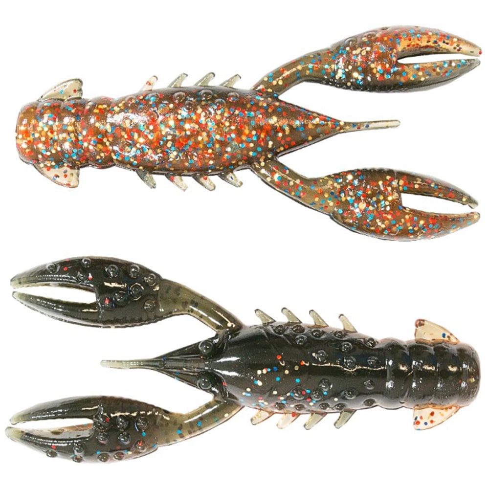 Two Z-Man TRD CrawZ soft plastic lures imitate crayfish with detailed textures and multicolored glitter. Featuring buoyant claws ideal for a Ned Rig setup, one lure is shown from above and the other from below.